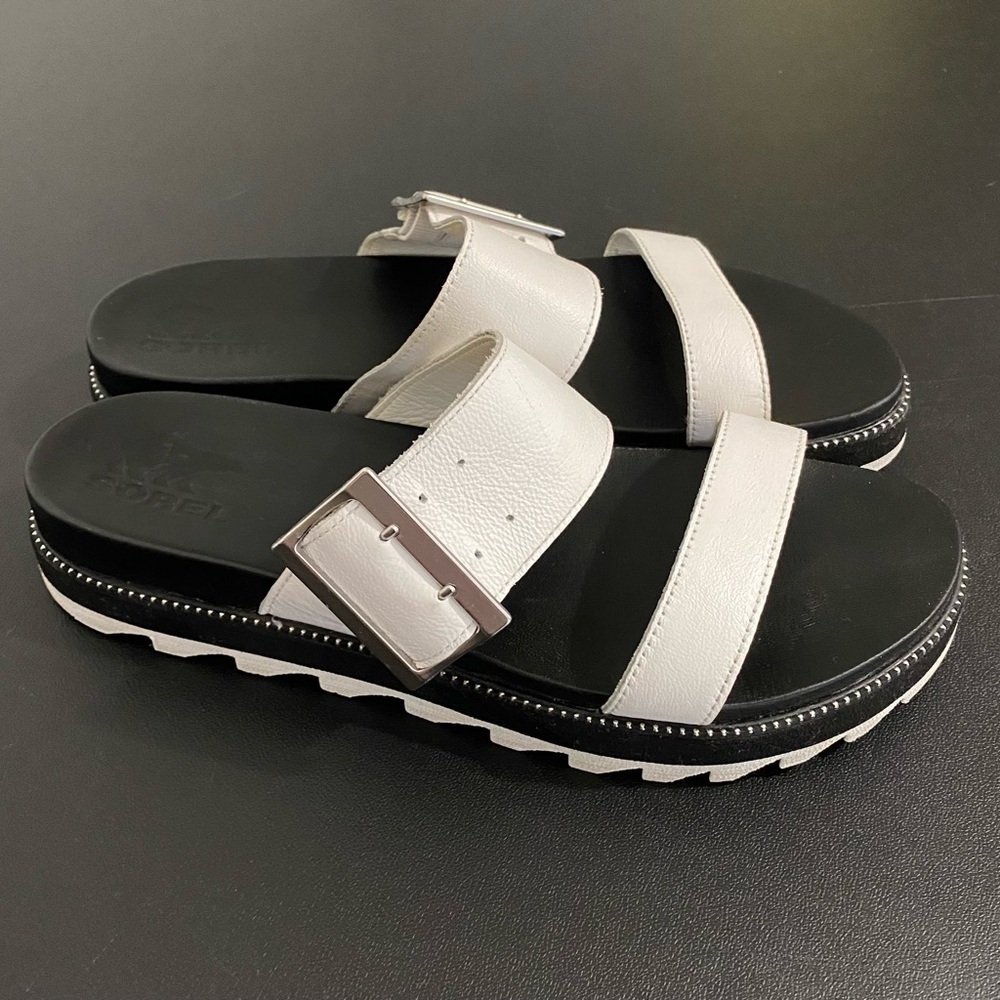 Sorel Roaming Big Buckle Slide Sandals Leather Size 10 White Black 90s Chunky - Picture 5 of 14